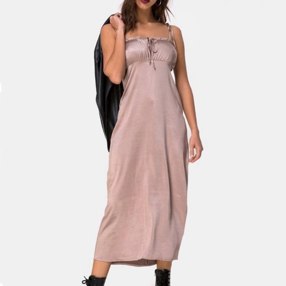 Motel Rocks Tie Strap Satin Mink Slip Dress Gathered Shelf Keyhole Bust Mauve